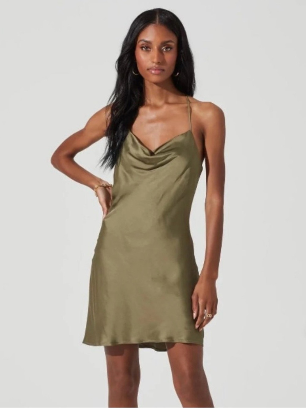 ASTR The Label Medford Olive Green Satin Cowl Neck Mini Dress S - Picture 2 of 8